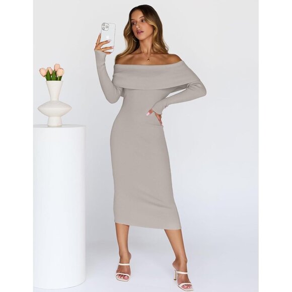 Merokeety Women's Gray Off Shoulder Long Sleeve Elegant Bodycon Midi Dress - Picture 7 of 9